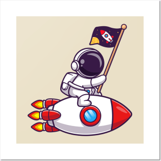 Cute Astronaut Riding Rocket With Space Flag Cartoon Posters and Art